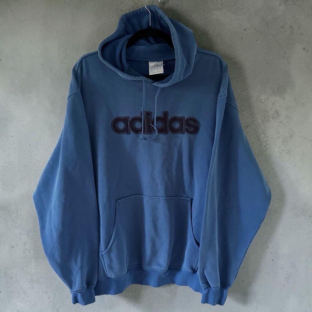 Men's Vintage Y2K Faded Worn Adidas Spellout Pullover Hoodie Sweatshirt XL Blue